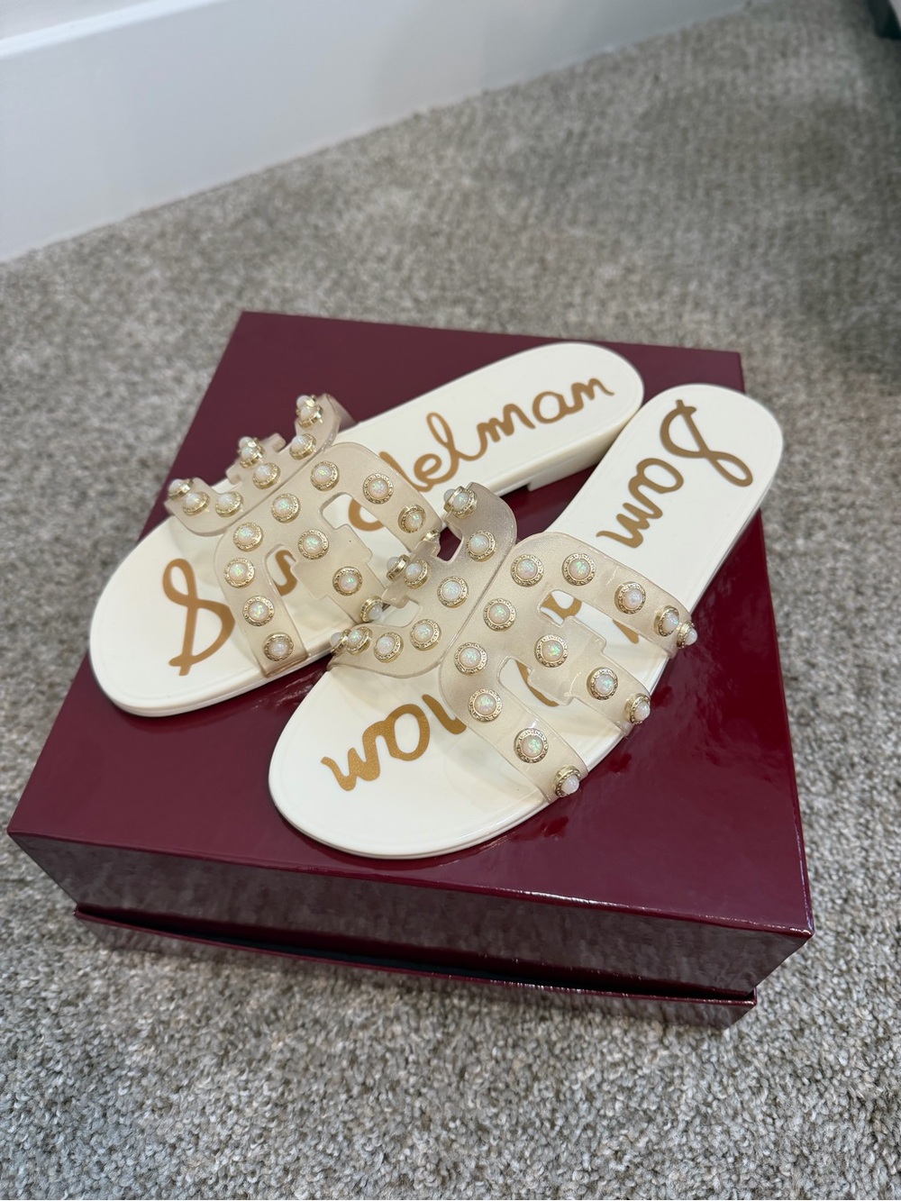 Sam Edelman Cream Clear Slide Sandals with Pearl Studs